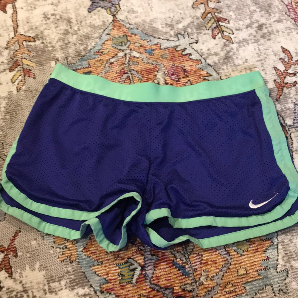 NIKE DRI FIT PURPLE AND GREEN SHORTS M